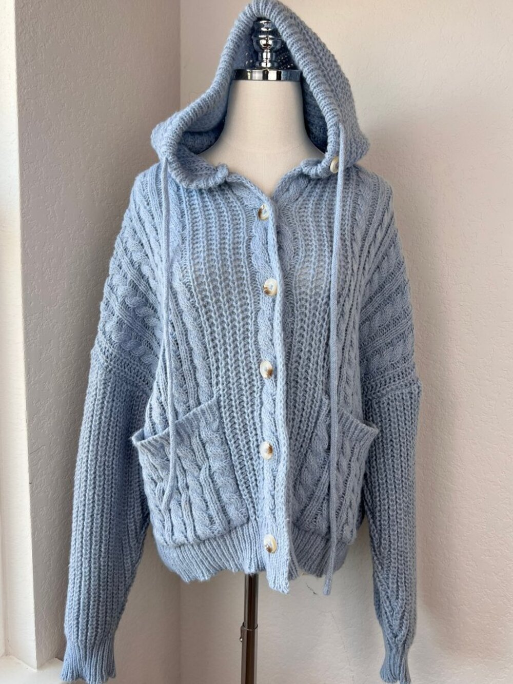 Blue Knit Button Up Cardigan Sweater with Hood size Medium